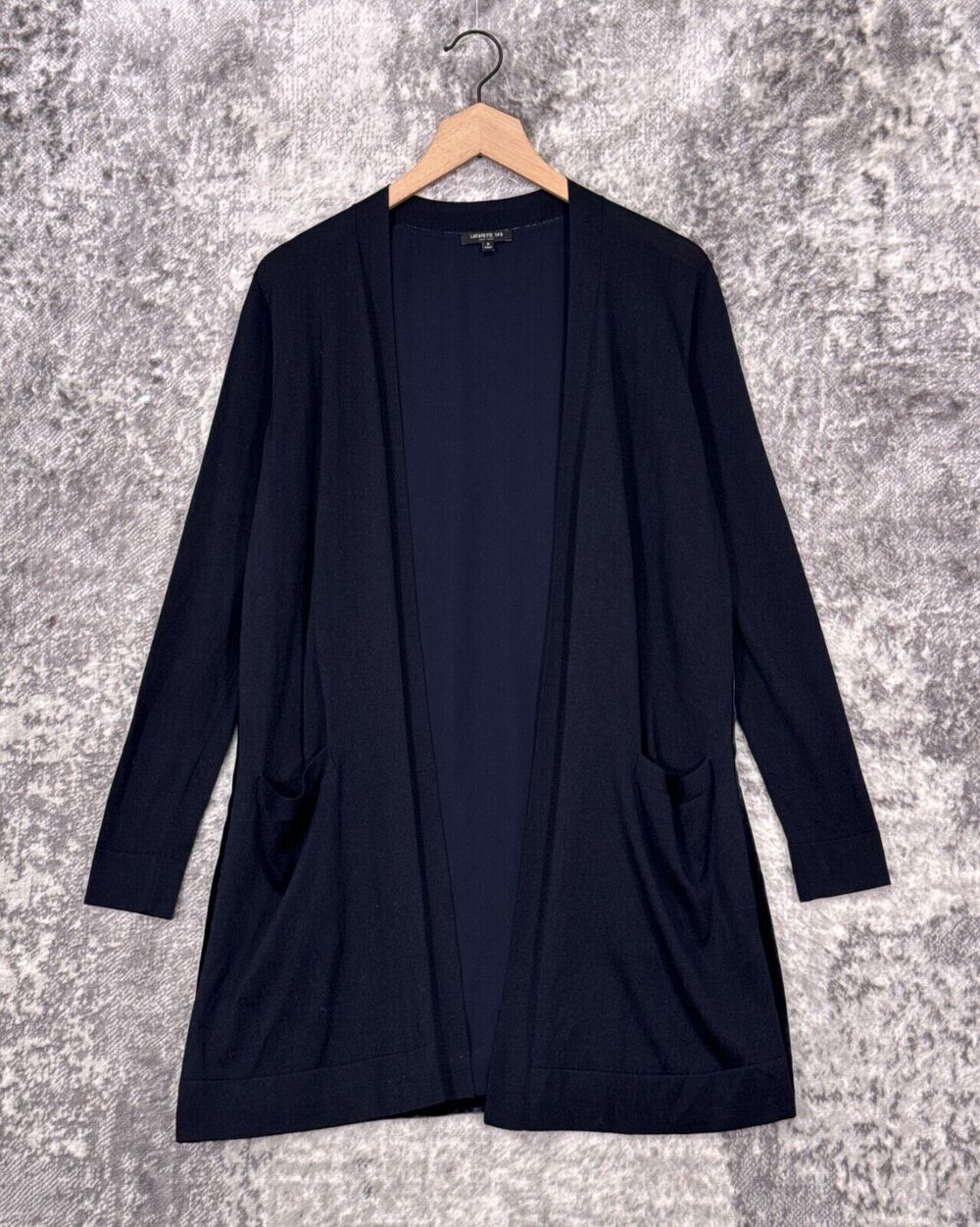 Lafayette 148 Cardigan Small Womens Blue Silk Knit Crushed Velvet Panel Sweater